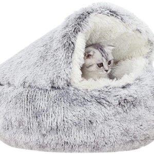 Dog Cat Bed Hooded Kitten Pet Cosy Cave Soft Calming Igloo Cozy Plush Faux Fur