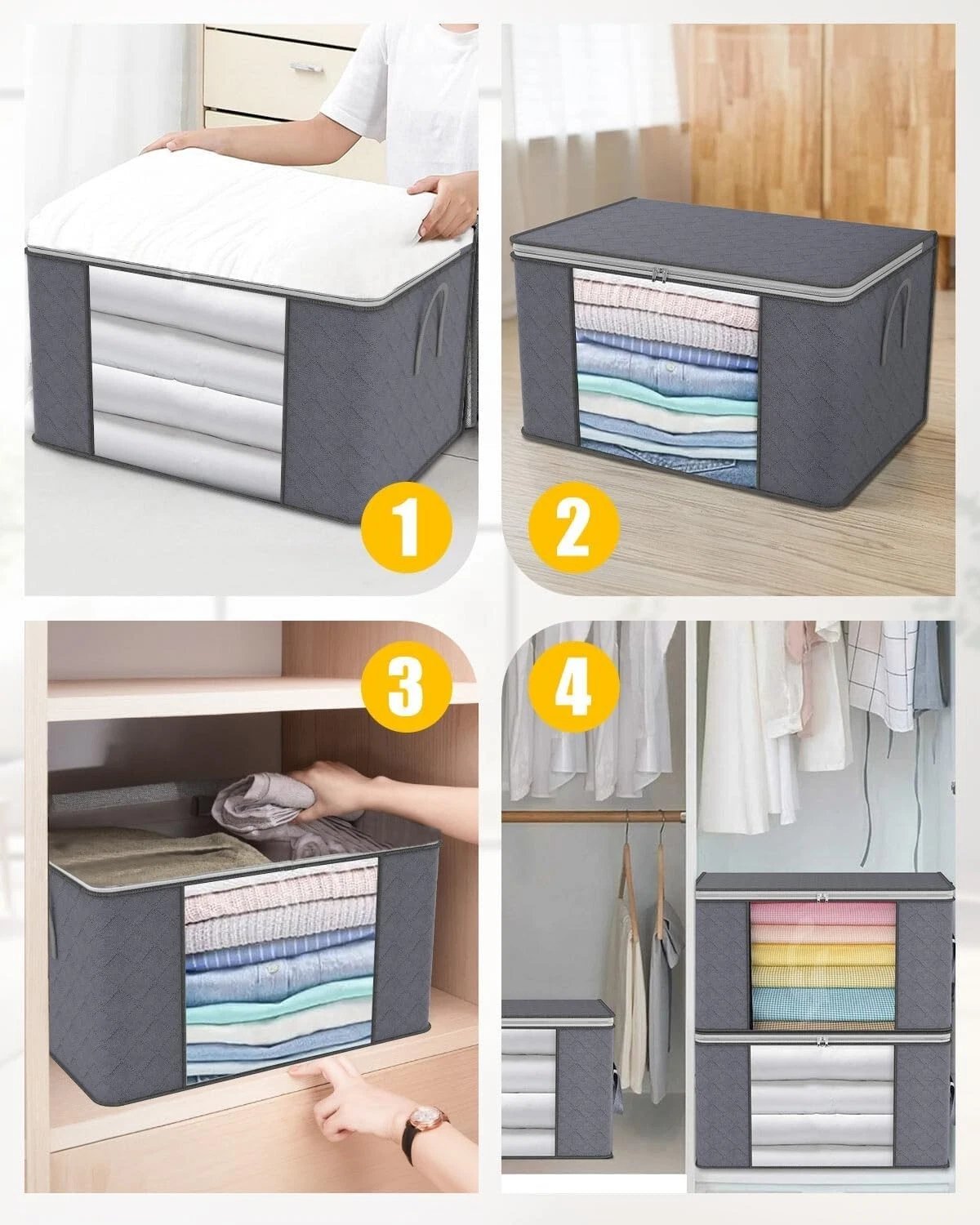 4x Clothes Storage Bags With Zips Bedroom Large Collapsible Storage Box Bedding - Image 6