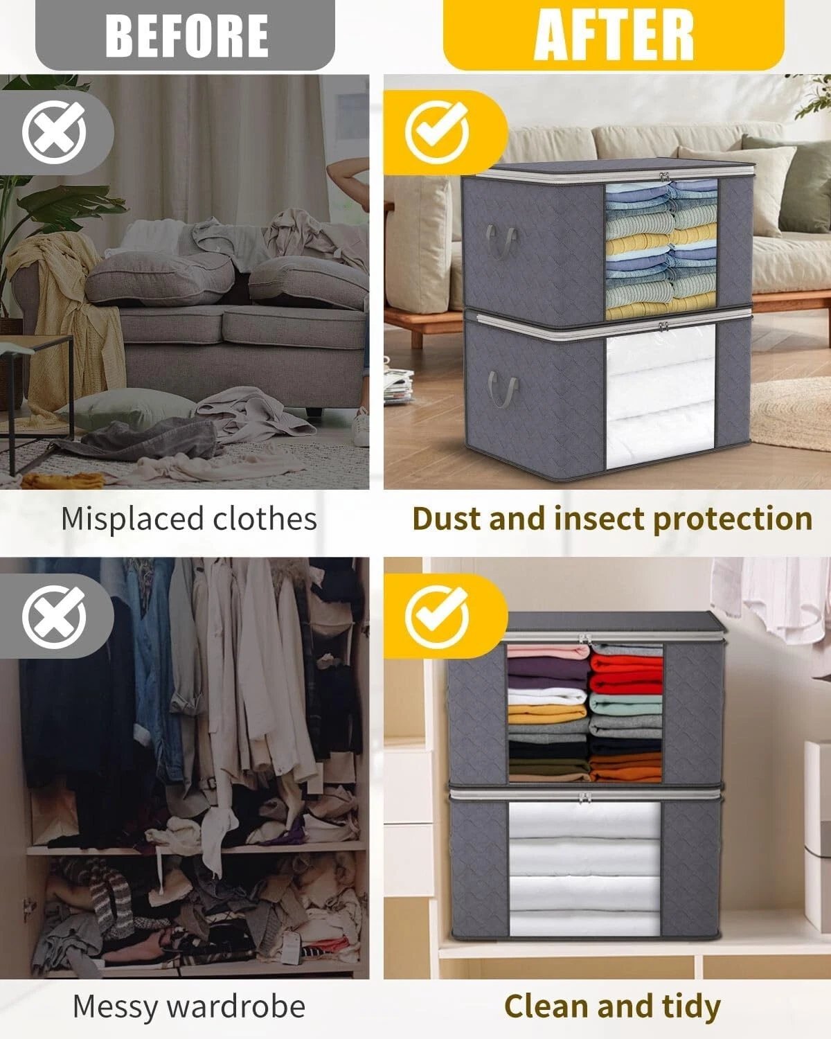 4x Clothes Storage Bags With Zips Bedroom Large Collapsible Storage Box Bedding - Image 8