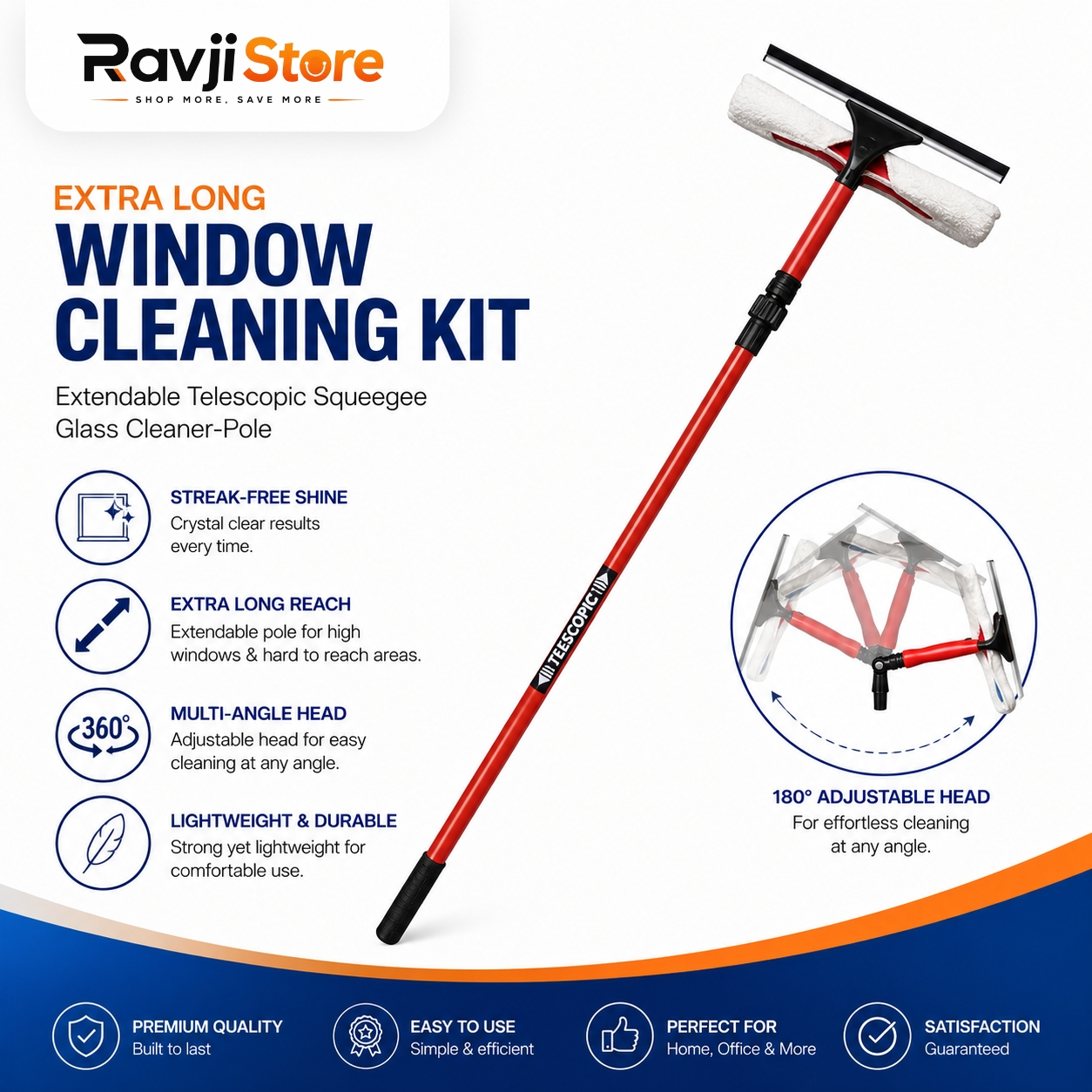 Extra Long Window Cleaning Kit Extendable Telescopic Squeegee Glass Cleaner-Pole