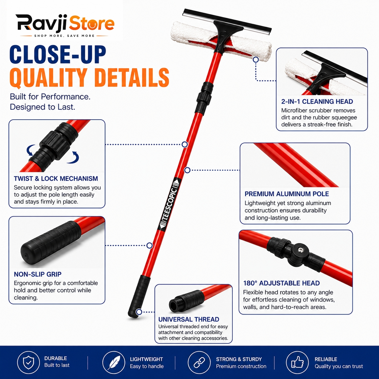 Extra Long Window Cleaning Kit Extendable Telescopic Squeegee Glass Cleaner-Pole - Image 2