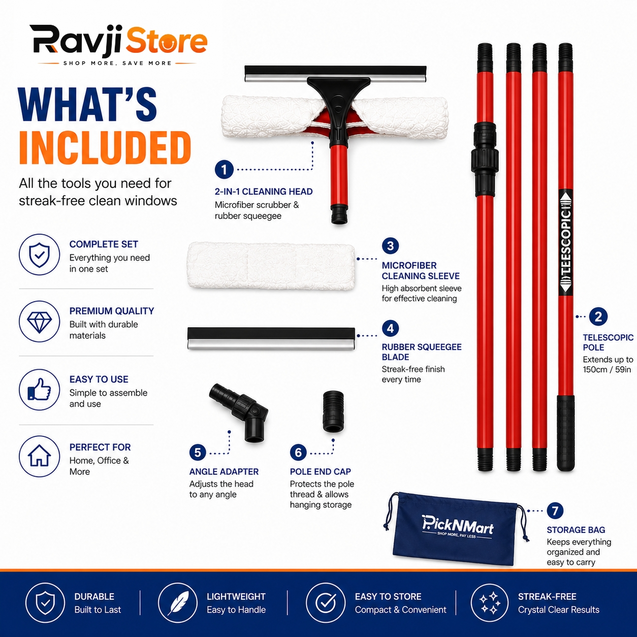 Extra Long Window Cleaning Kit Extendable Telescopic Squeegee Glass Cleaner-Pole - Image 3