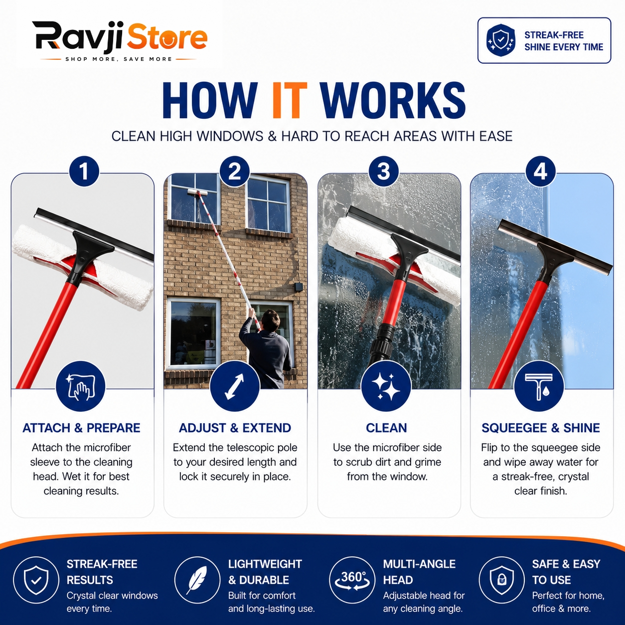 Extra Long Window Cleaning Kit Extendable Telescopic Squeegee Glass Cleaner-Pole - Image 4