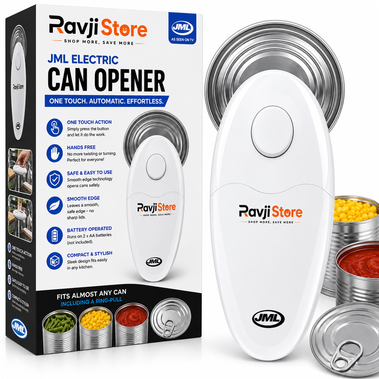 JML Electric Can Opener - One Touch Automatic Tin Opener for Clean, Fast and Eff
