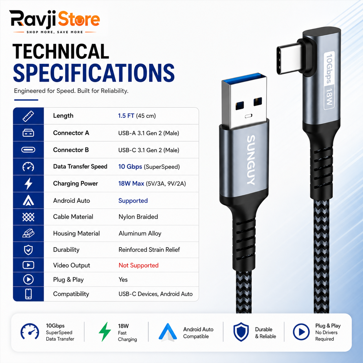 USB-C Android Auto Cable 1.5FT, 10 Gbps USB-C 3.1 Gen 2 to USB Cable Data Transfer - Image 2