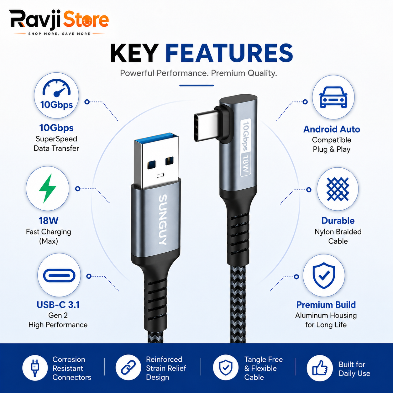 USB-C Android Auto Cable 1.5FT, 10 Gbps USB-C 3.1 Gen 2 to USB Cable Data Transfer - Image 3