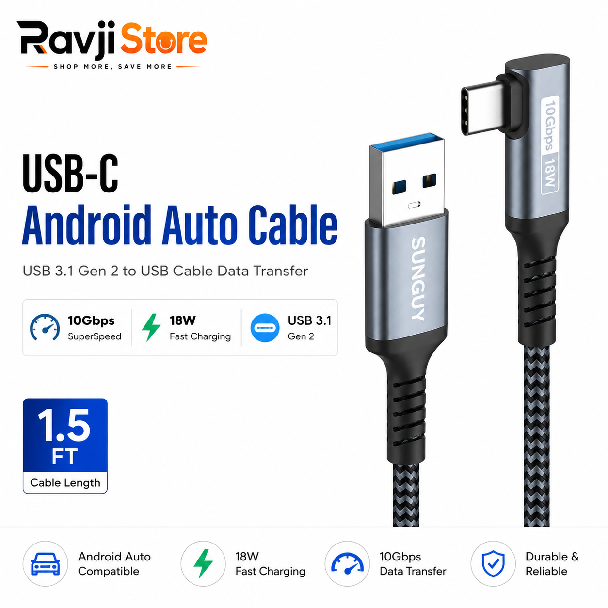 USB-C Android Auto Cable 1.5FT, 10 Gbps USB-C 3.1 Gen 2 to USB Cable Data Transfer - Image 5