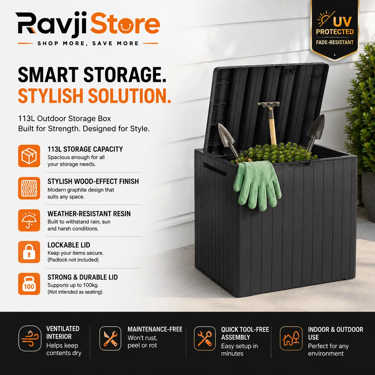 Keter 113L City Parcel Box Outdoor Garden Storage Box Utility Tool – Graphite