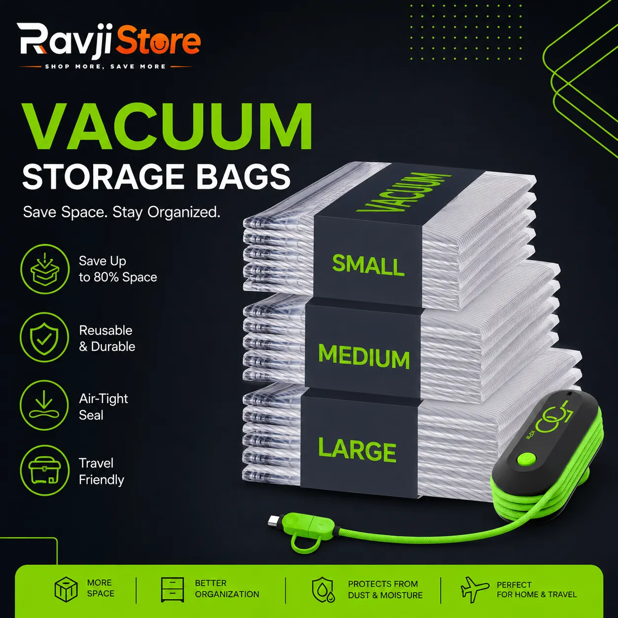 Vacuum Storage Bags Reusable Space Saver Bags with Electric Air Pump – Double Zip Seal