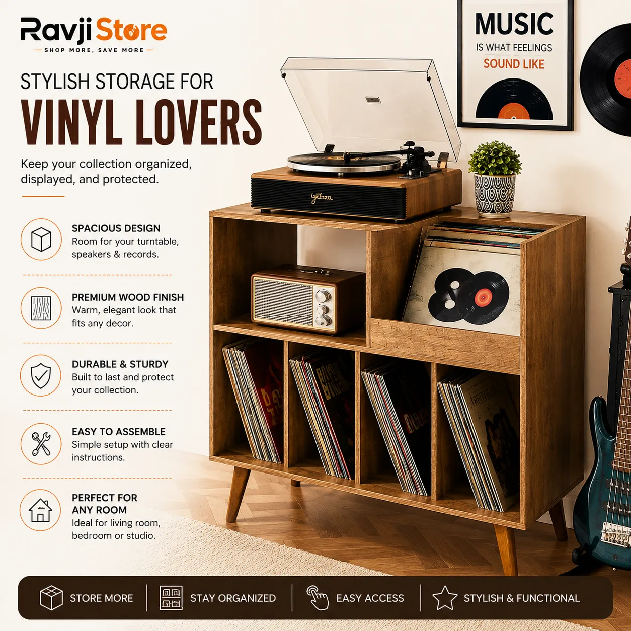 Large Record Stand with Storage, Record Player Stand with Shelf - Image 3