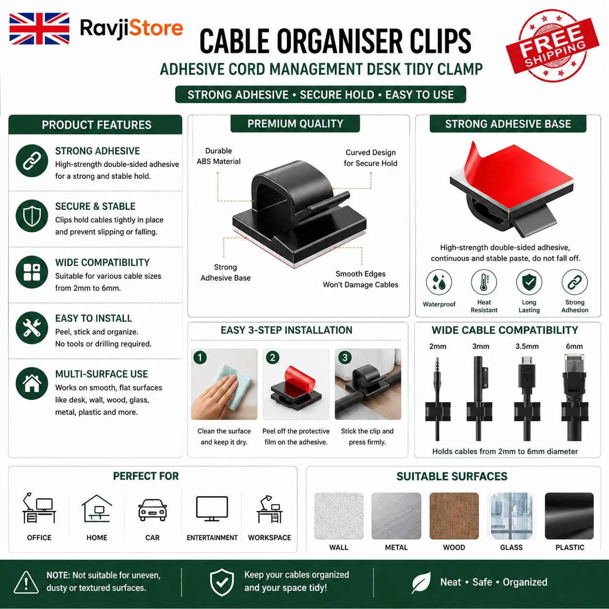Cable Organiser Clips with Adhesive – USB Wire Holder Cord Management Desk Tidy Clamp - Image 3