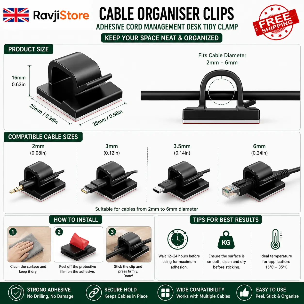 Cable Organiser Clips with Adhesive – USB Wire Holder Cord Management Desk Tidy Clamp - Image 2