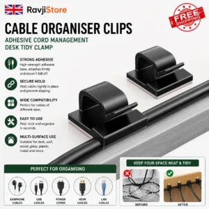 Cable Organiser Clips with Adhesive – USB Wire Holder Cord Management Desk Tidy Clamp