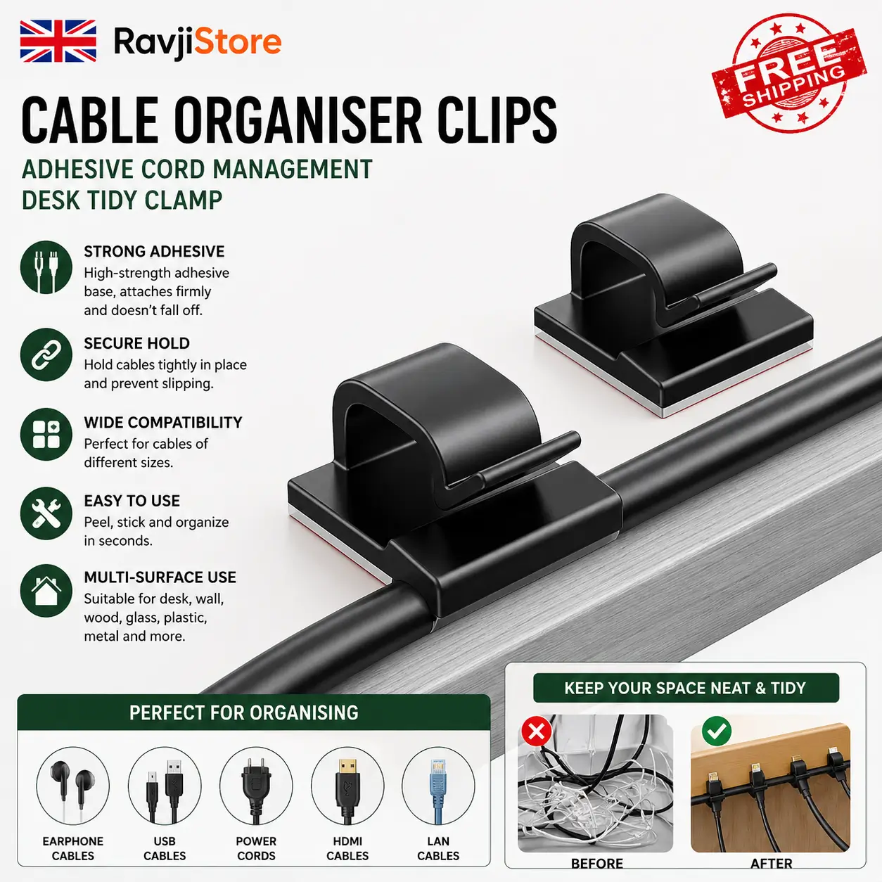 Cable Organiser Clips with Adhesive – USB Wire Holder Cord Management Desk Tidy Clamp