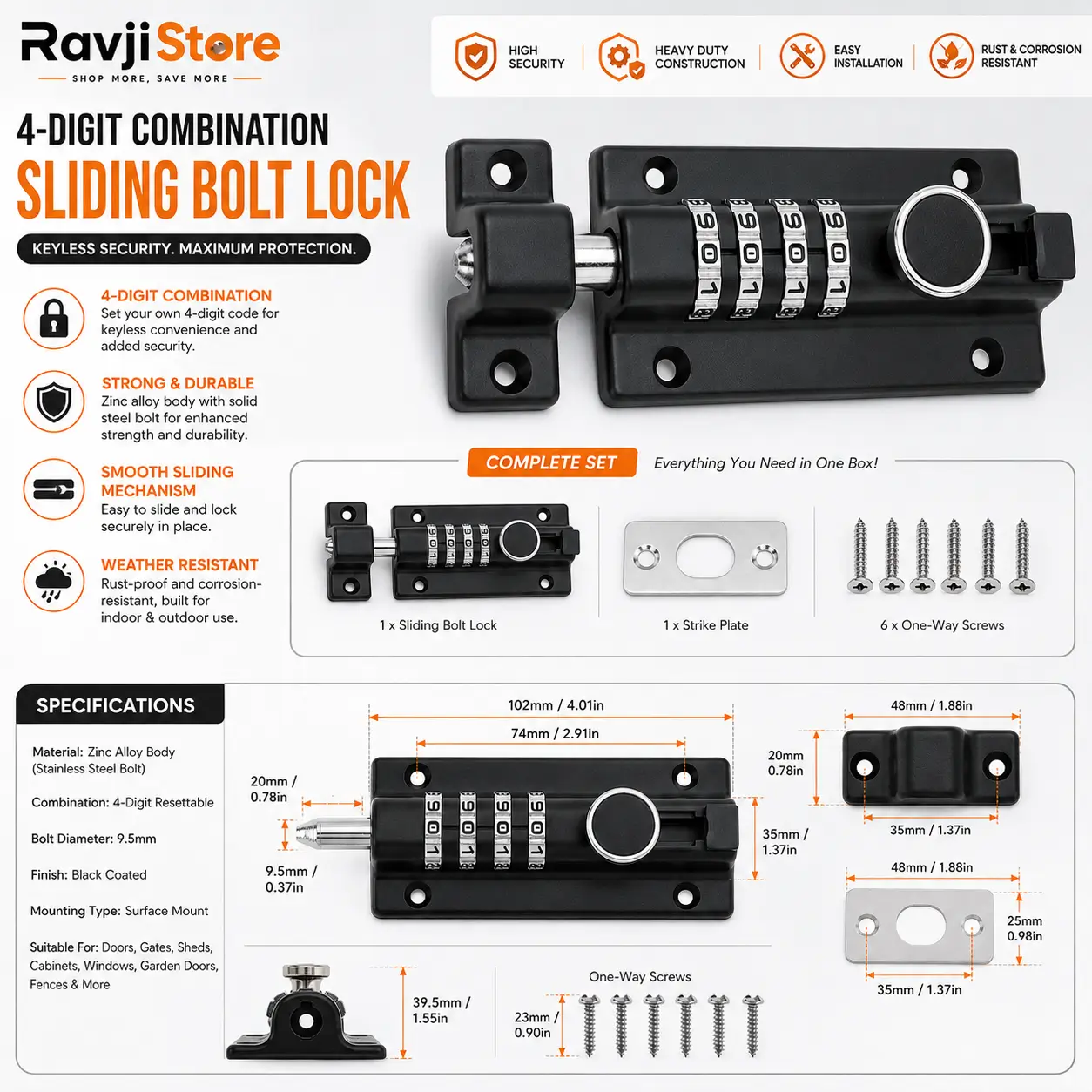 4-Digit Combination Sliding Lock – Keyless Security Pad Bolt for Shed, Gate, Garden & Door - Image 3