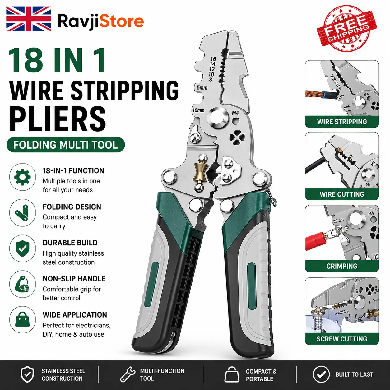 18-in-1 Wire Stripping Pliers Folding Crimping Tool – Electrician Multi Tool