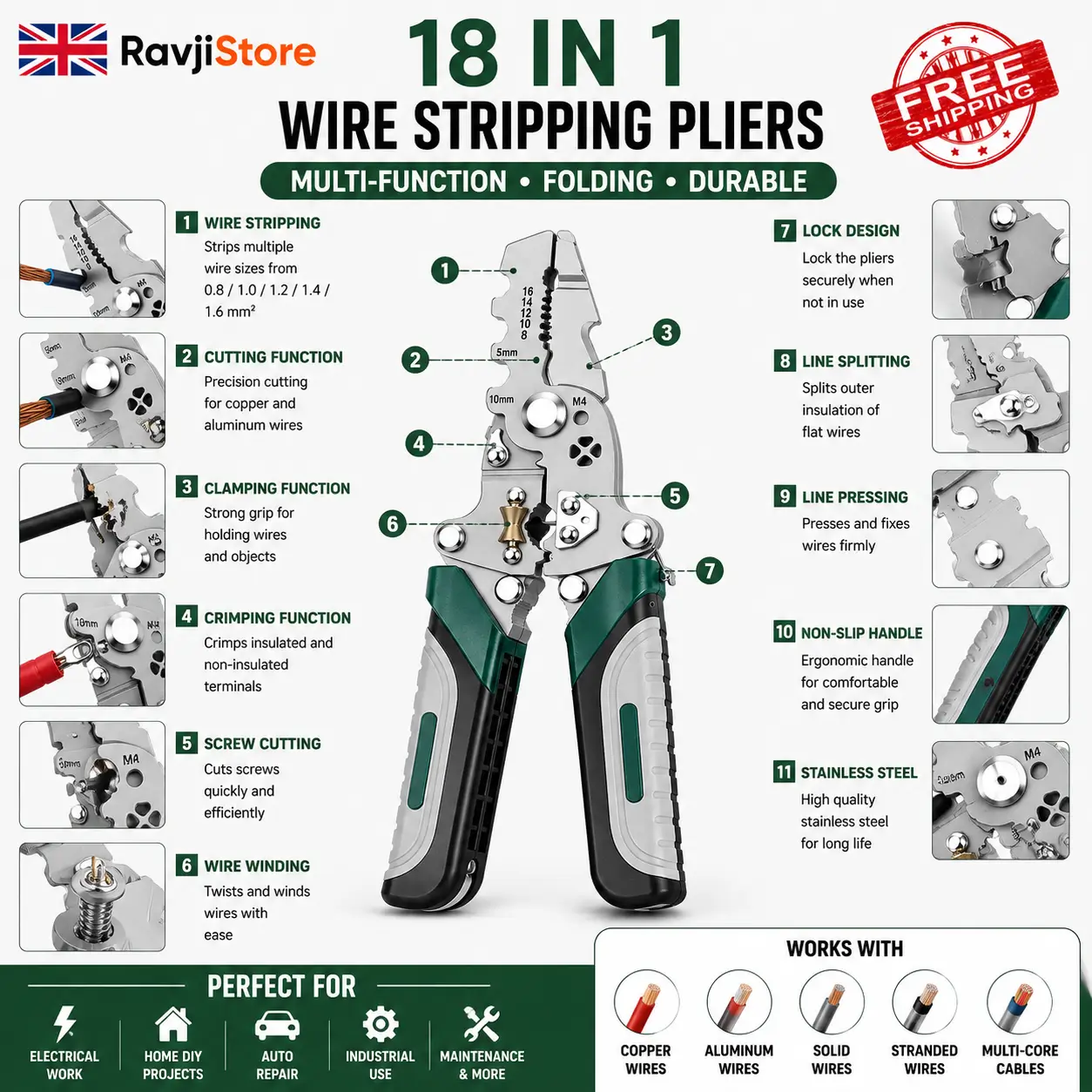 18-in-1 Wire Stripping Pliers Folding Crimping Tool – Electrician Multi Tool - Image 2